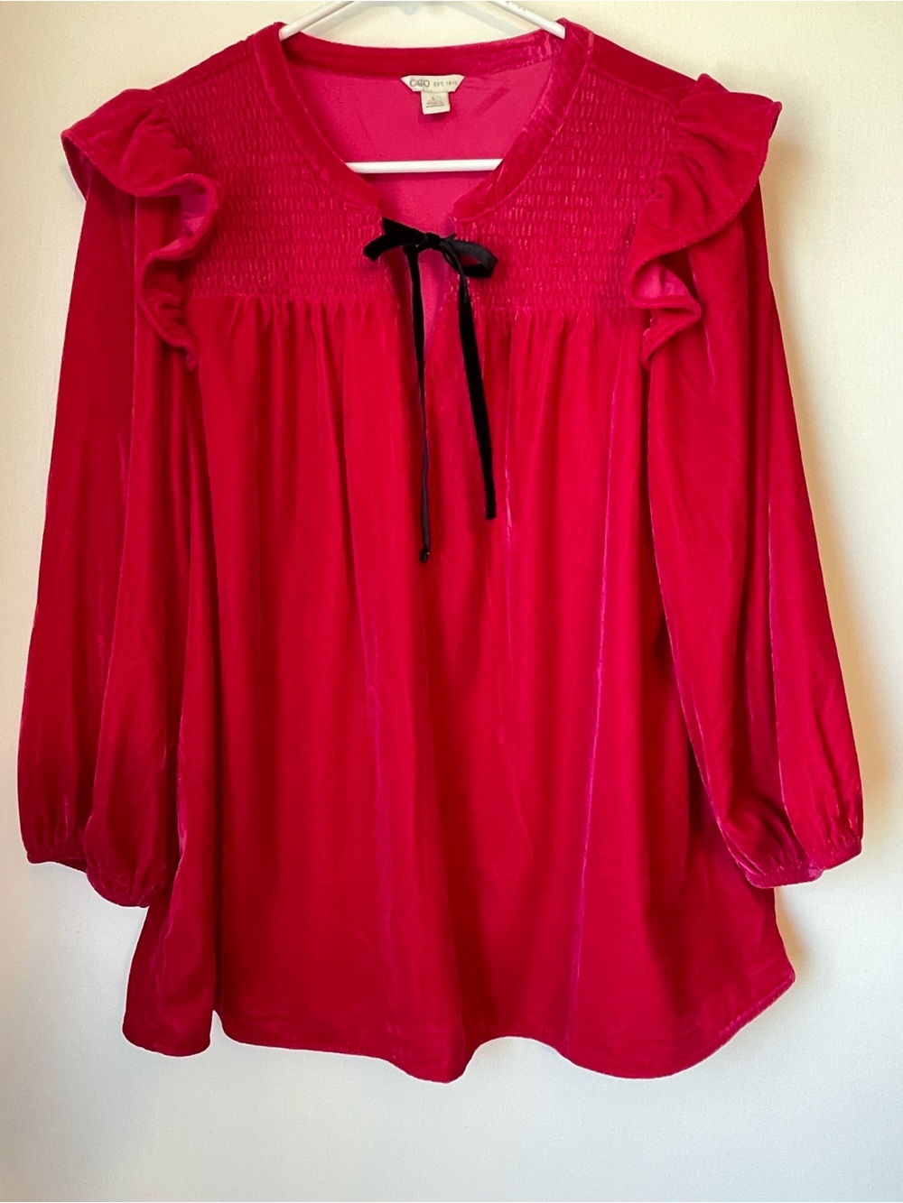 Cato Red Velvet Ruffle-Shoulder Peasant Top with Black Tie